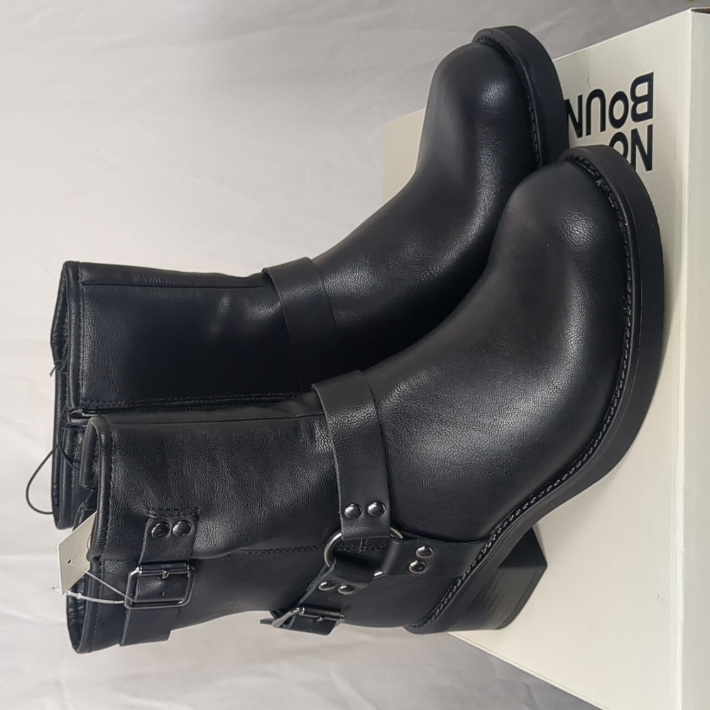 Black Faux Leather Buckle Moto Boots